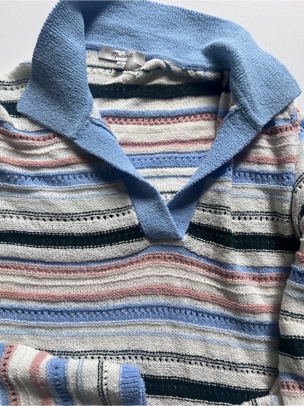 MADEWELL Textural-Stitch Johnny Collar Sweater peri blue multi stripe small - Picture 5 of 6